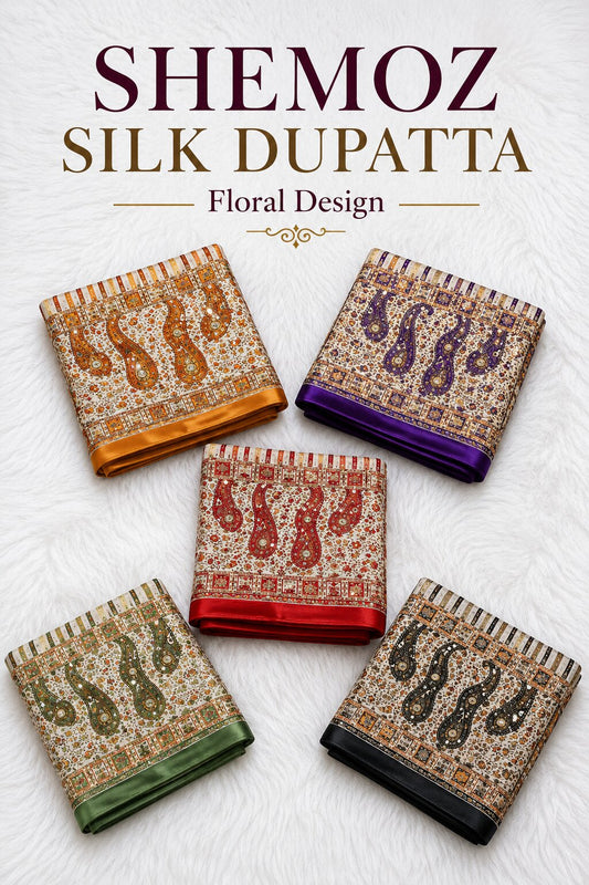 Shemoz Silk Dupatta Floral Design – Mirror & Gotta Work